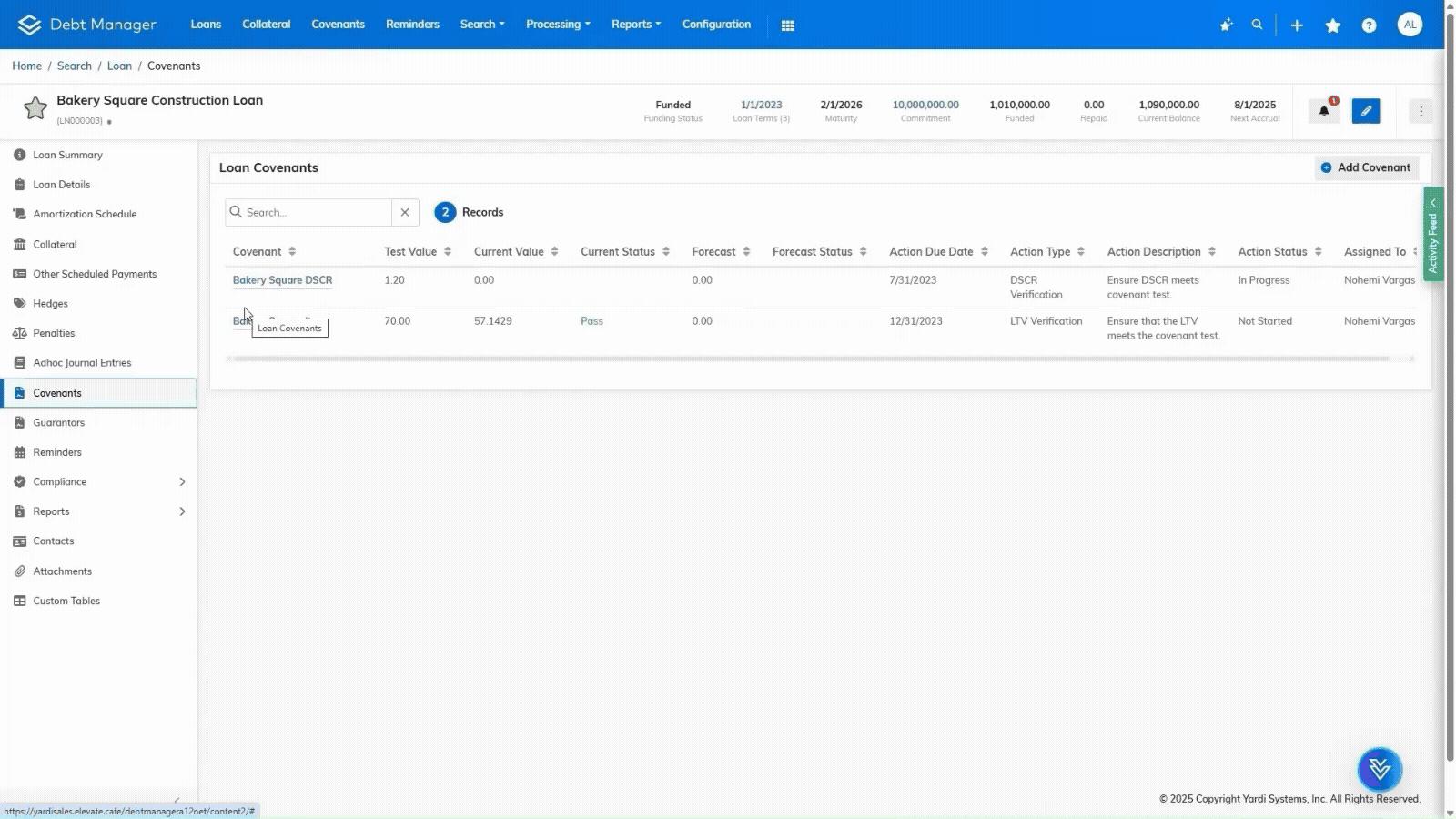 Covenants Monitoring & Reminders in Yardi Debt Manager