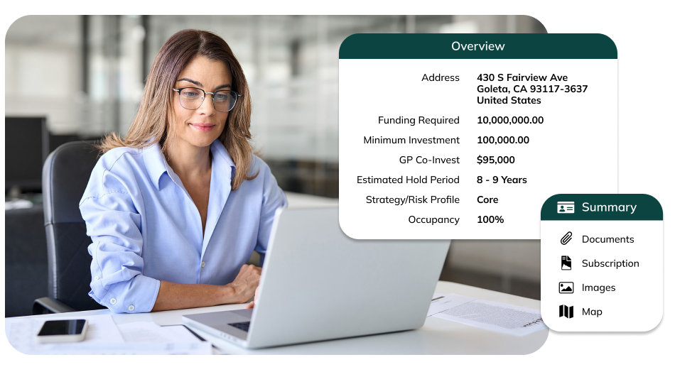 An image with a business person working at a laptop and two graphics showing gkey investment metric investors can access before completing the subscription agreement process