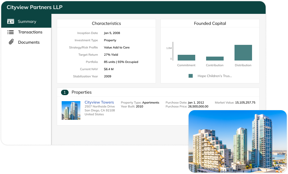 Yardi Investment Suite Partnerships -product printscreen and office buildings