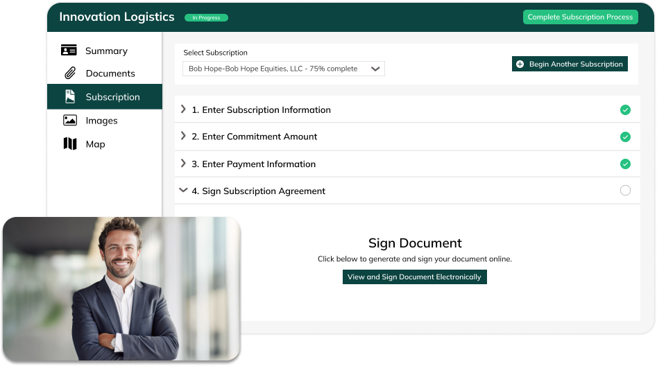 Yardi Investment Manager - Automated Subscription Agreement Process product printscreen and a business man