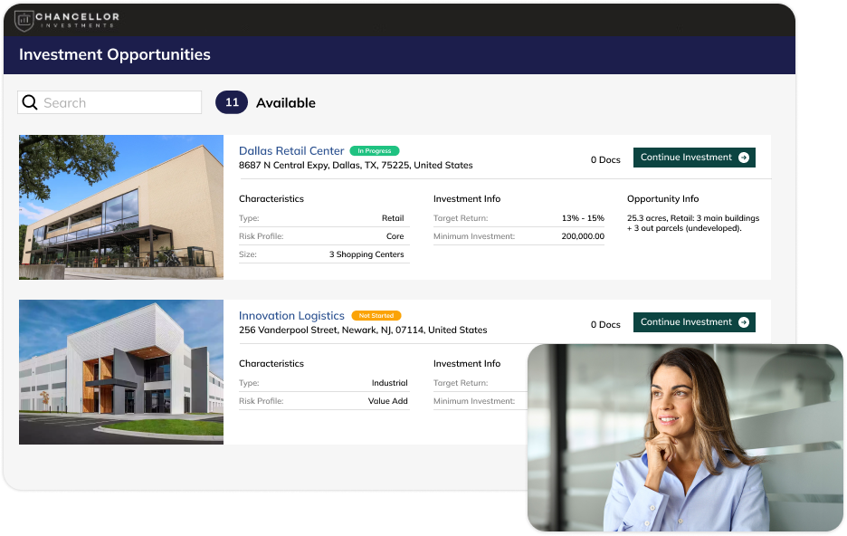 Investment opportunities through a branded portal with Investment Manager and an image with a business woman