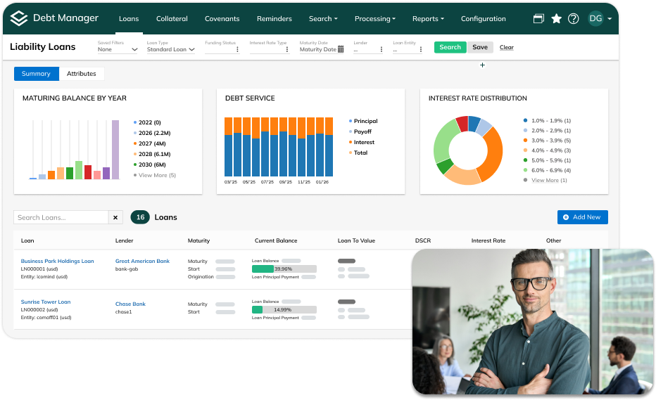 Yardi Debt Manager liability loans- product printscreen and a business man