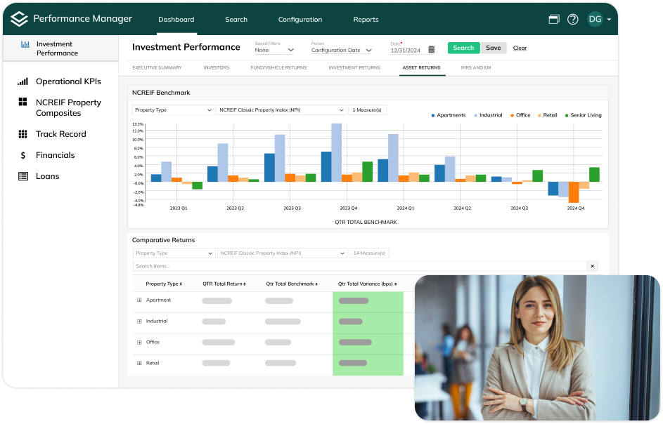 Investment performance in Performance Manager-product printscreen and a business woman