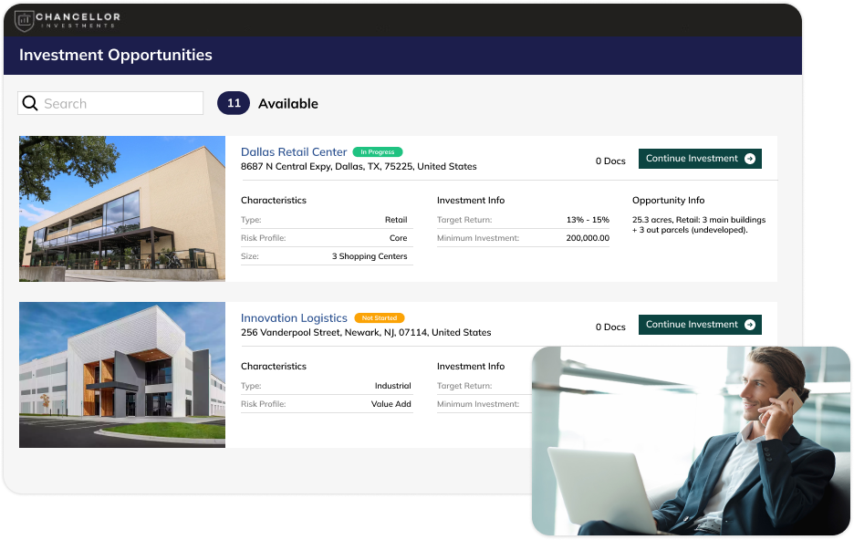 Investor branded portal printscreen and an image with a business man
